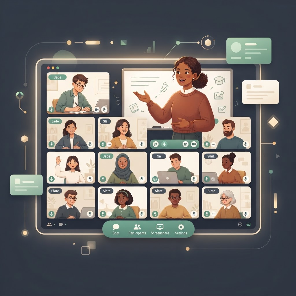 A Veylo virtual classroom with a teacher presenting and students in video tiles